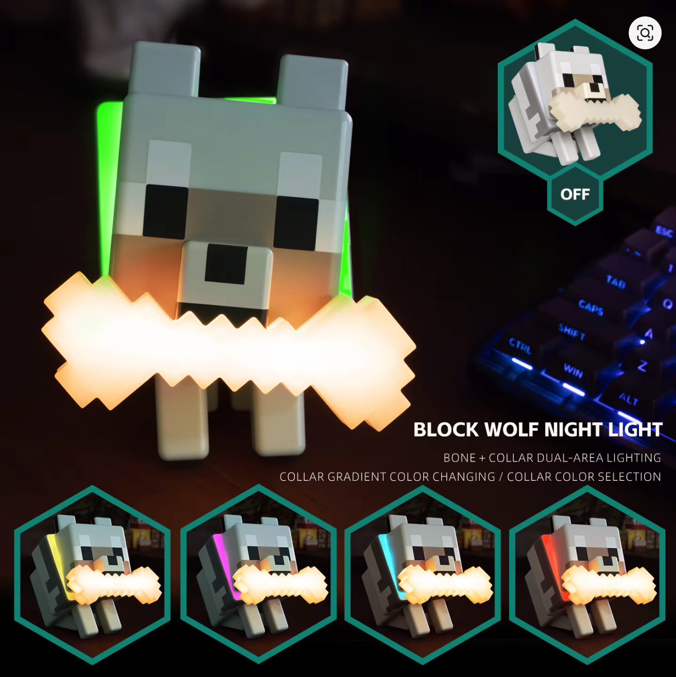 Minecraft Cute Wolf LED Night Light – RGB Color Changing Lamp