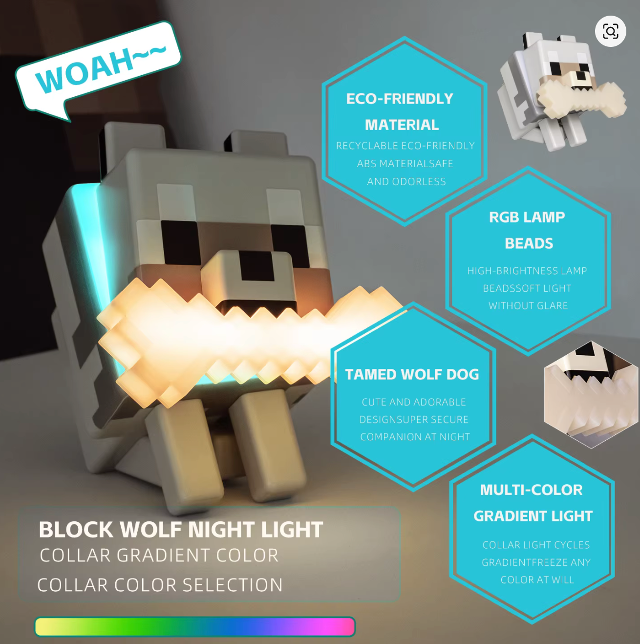 Minecraft Cute Wolf LED Night Light – RGB Color Changing Lamp