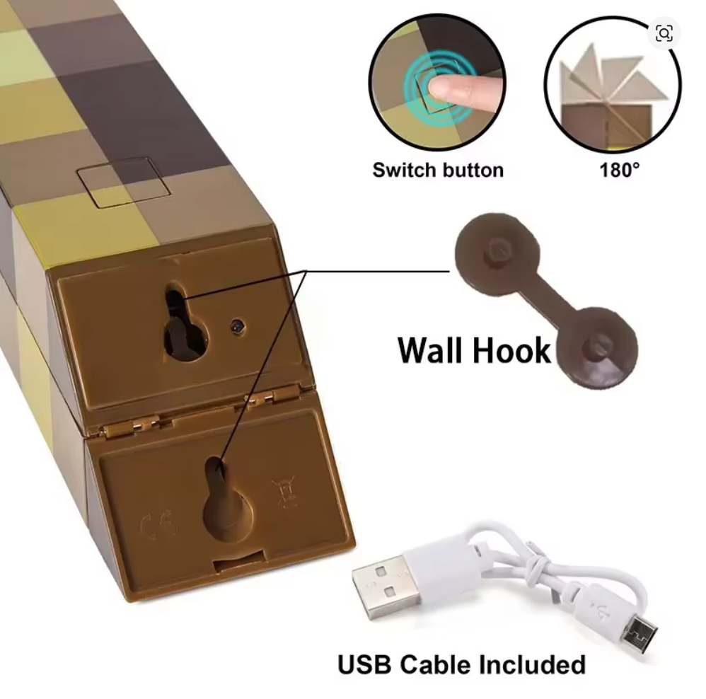 Minecraft Brownstone Torch LED Night Light – USB Rechargeable Desk Lamp