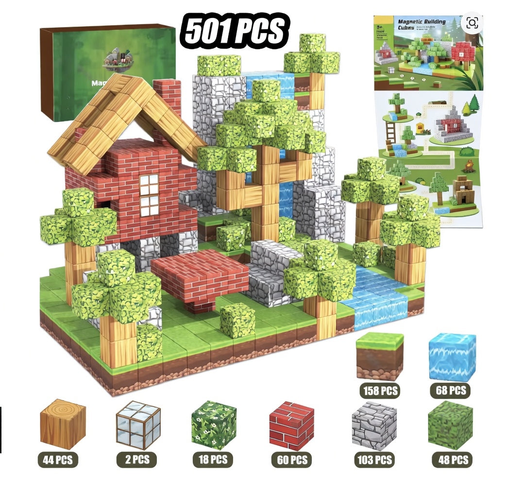 Minecraft Magnetic Building Cubes – 501 PCS Starter Pack for Creative STEM Play & Landscape Construction