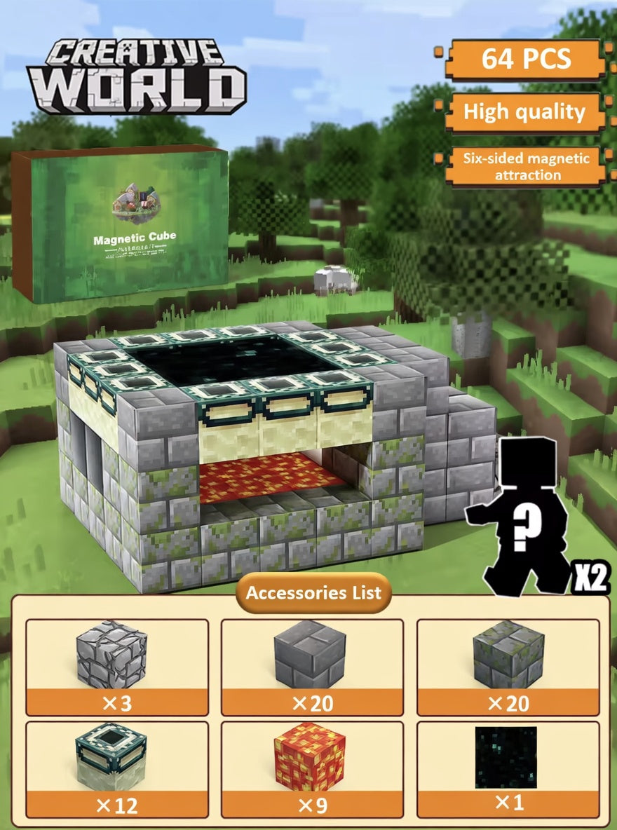 Minecraft Magnetic Cube Set – End Portal DIY Building Kit with Mystery Figures (64 PCS)
