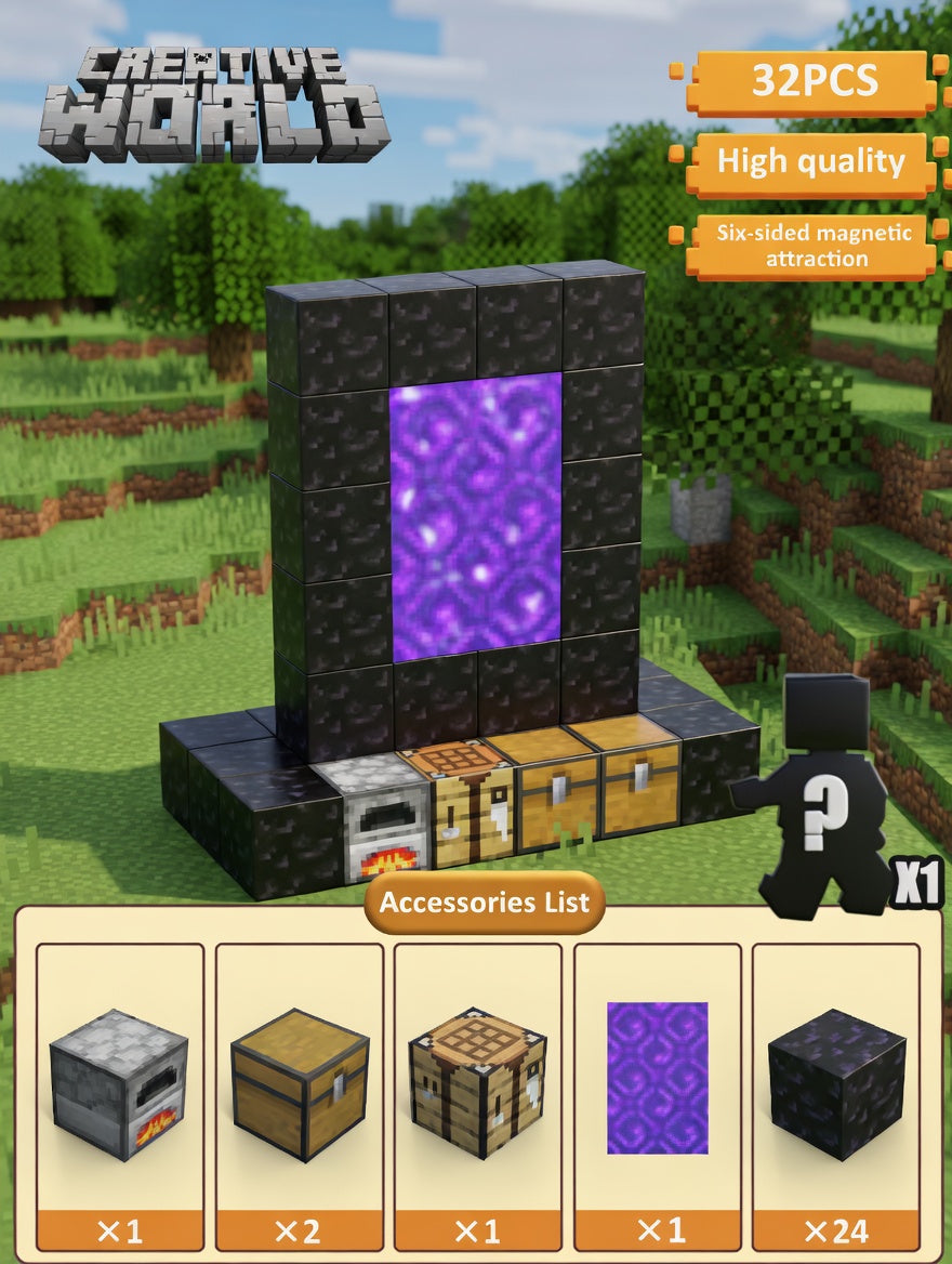 Minecraft Magnetic Building Blocks – Nether Portal STEM Construction Set with Mystery Figure (32 PCS)